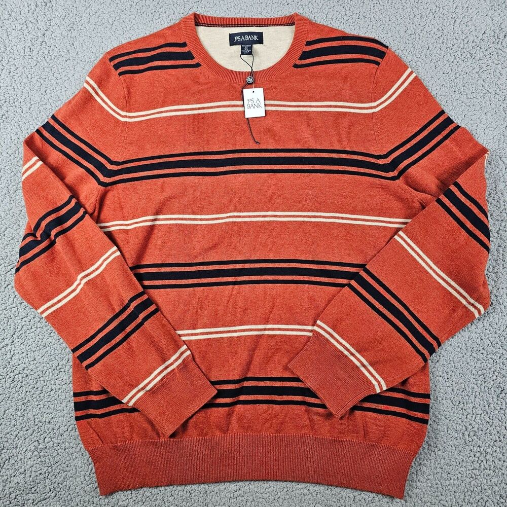 Jos A Bank Sweater Mens XL Orange Striped Tailored Fit Pullover Cotton Crew NWT